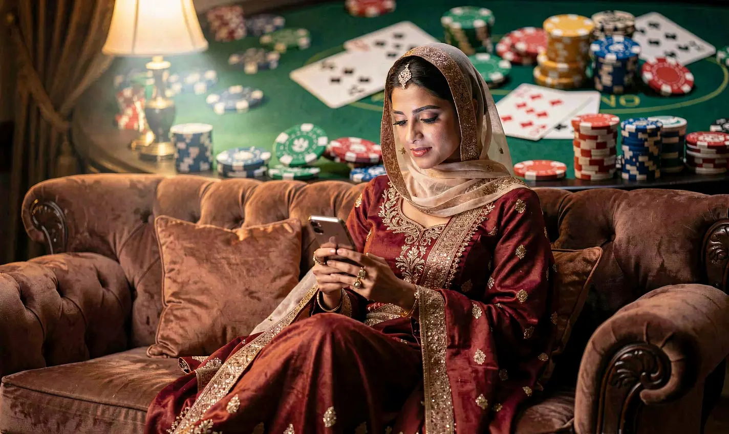 Focused Pakistani woman browsing casino games on the CH777 mobile app with glowing chips and cards creating a premium gaming mood