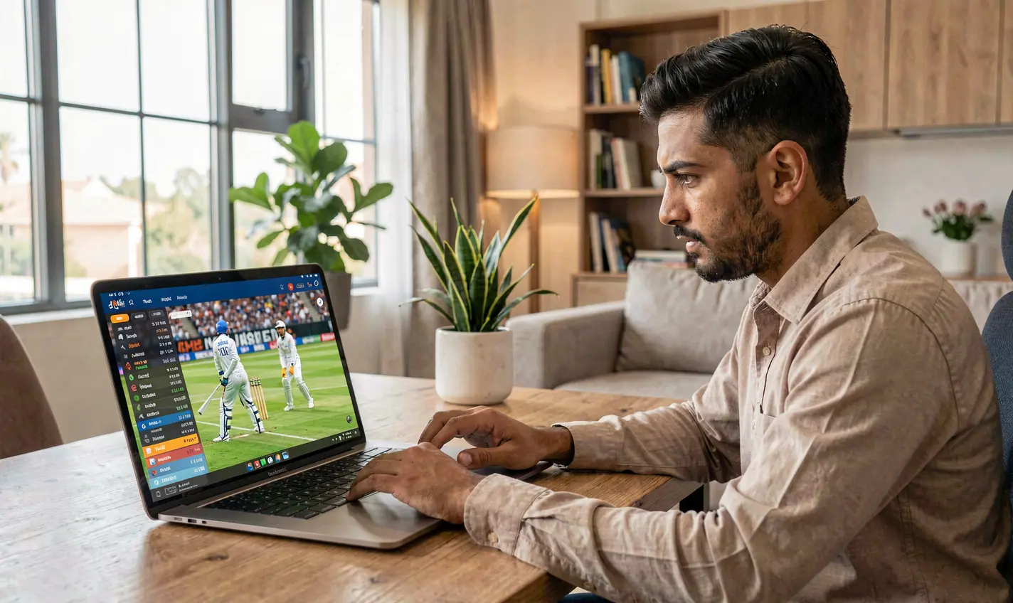 Dedicated Pakistani sports bettor tracking live cricket odds and match data on a laptop using the CH777 betting platform in a modern home