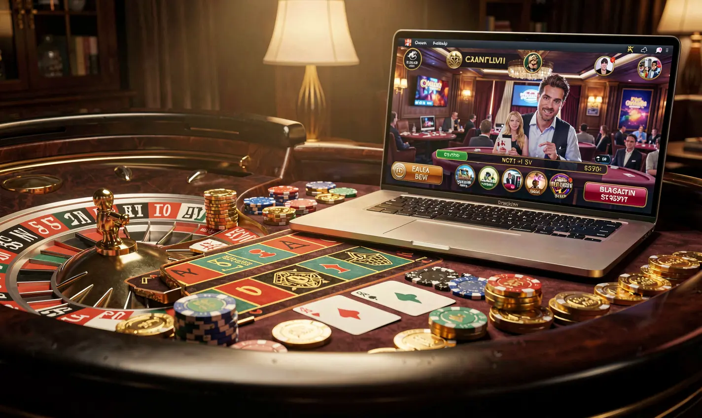 Elegant online casino setup with a roulette wheel, stacked chips, and a laptop displaying CH777 casino games in a dramatic gaming atmosphere