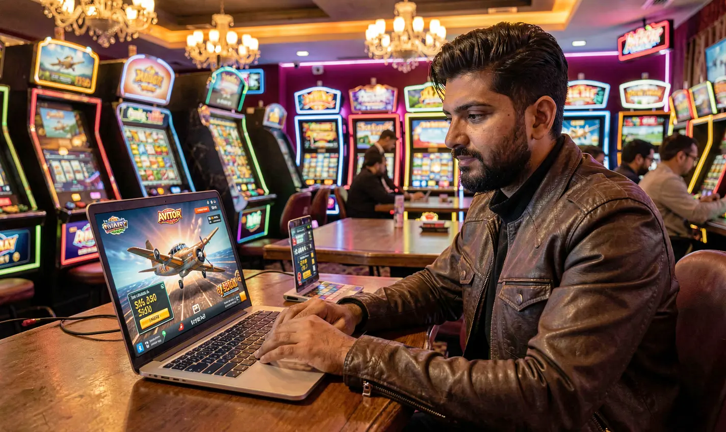 Focused Pakistani player enjoying high energy casino gameplay on a laptop with colorful slot machines while playing CH777 online games
