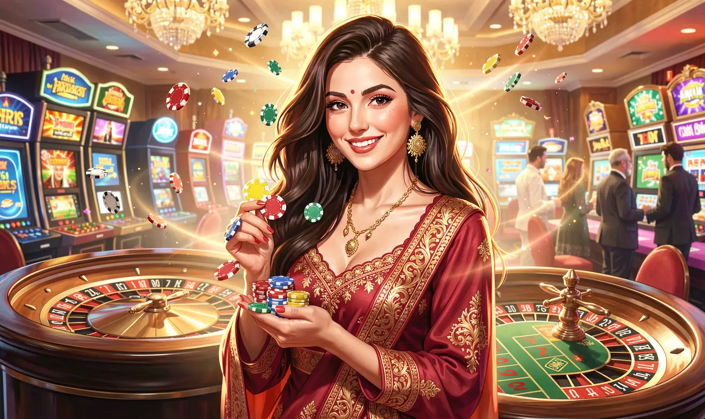 Confident Pakistani woman holding poker chips in a vibrant casino setting representing the exciting live casino games available at CH777 Pakistan