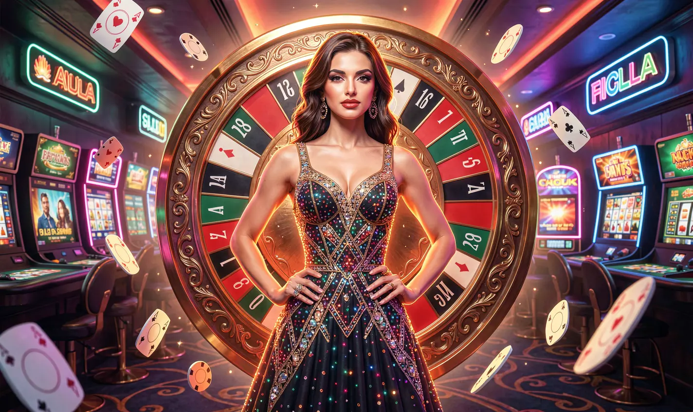 A glamorous casino hostess in a sparkling blue dress standing before a glowing roulette wheel with flying chips symbolizing luxury gaming and big wins at CH777 Pakistan