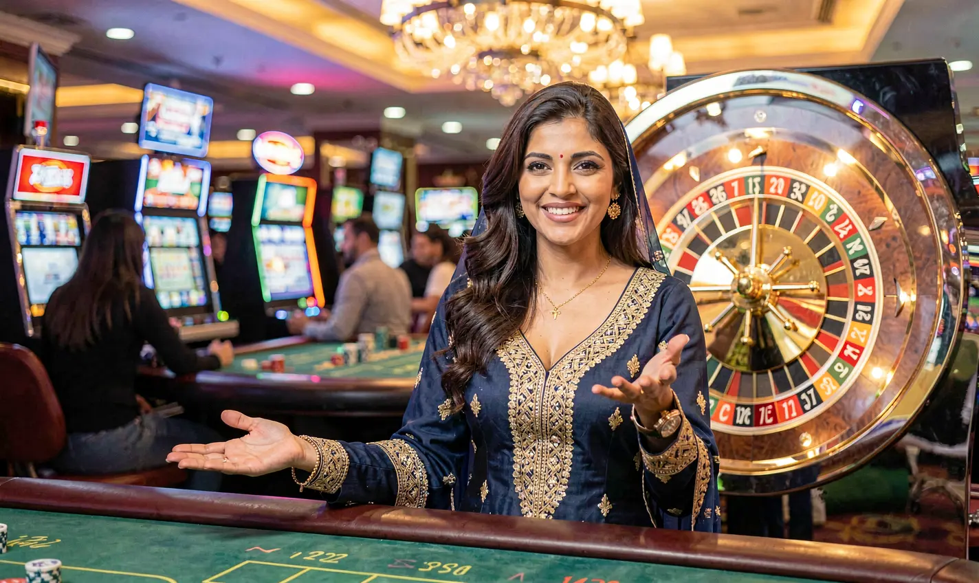 Elegant casino dealer from Pakistan presenting live roulette action with bright lights and a premium gaming atmosphere on CH777