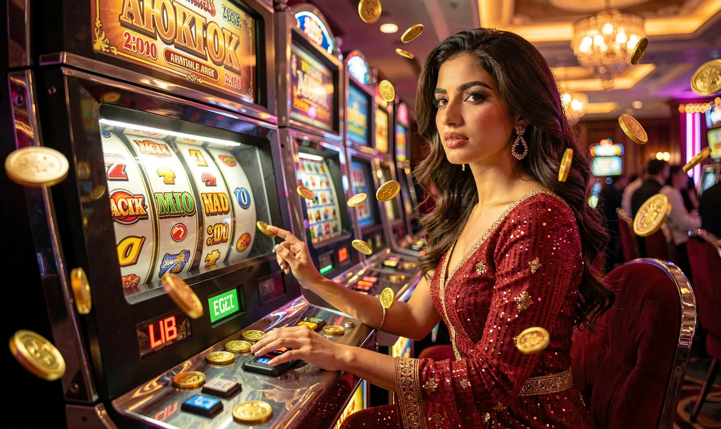 Stylish woman in a red evening dress playing a bright slot machine with jackpot symbols and falling coins at CH777 casino in Pakistan